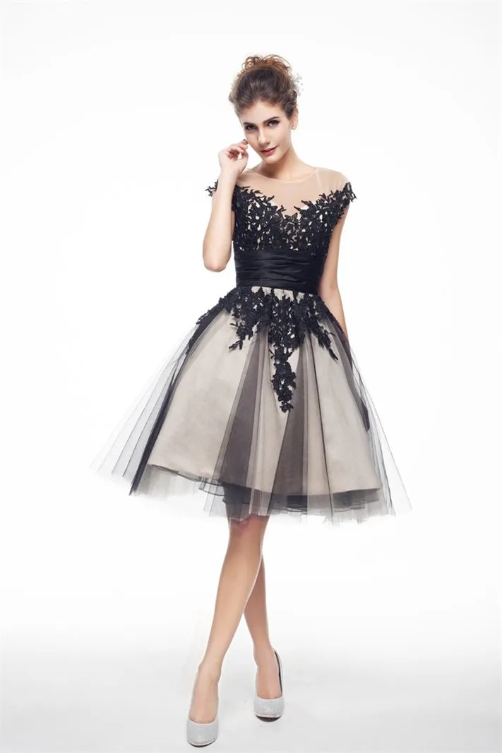 ---Two-tone A line style short formal dresses for women made in tulle with many lace appliques, draped satin belt--