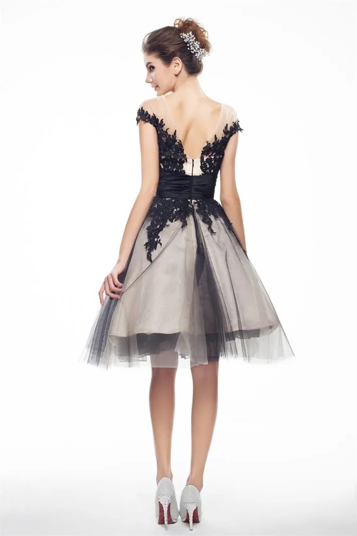 ---Two-tone A line style short formal dresses for women made in tulle with many lace appliques, draped satin belt--