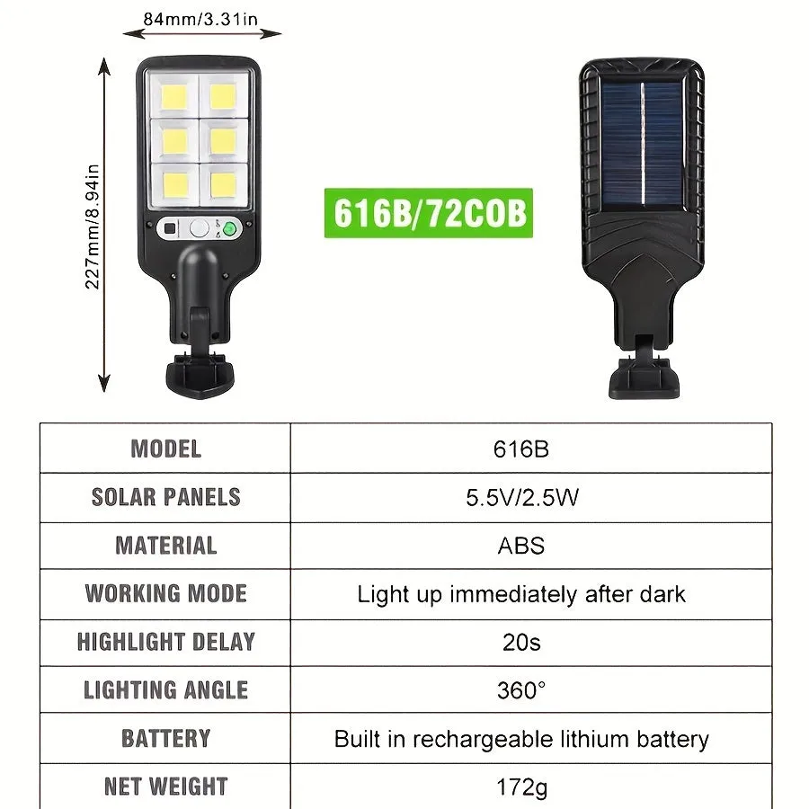 1pc Luce Solare Esterna LED COB SMD, 1200 Lumen, 3 Modalità Di Luce, Impermeabile IP67, Luce Solare Di Sicurezza Con Sensore Di 