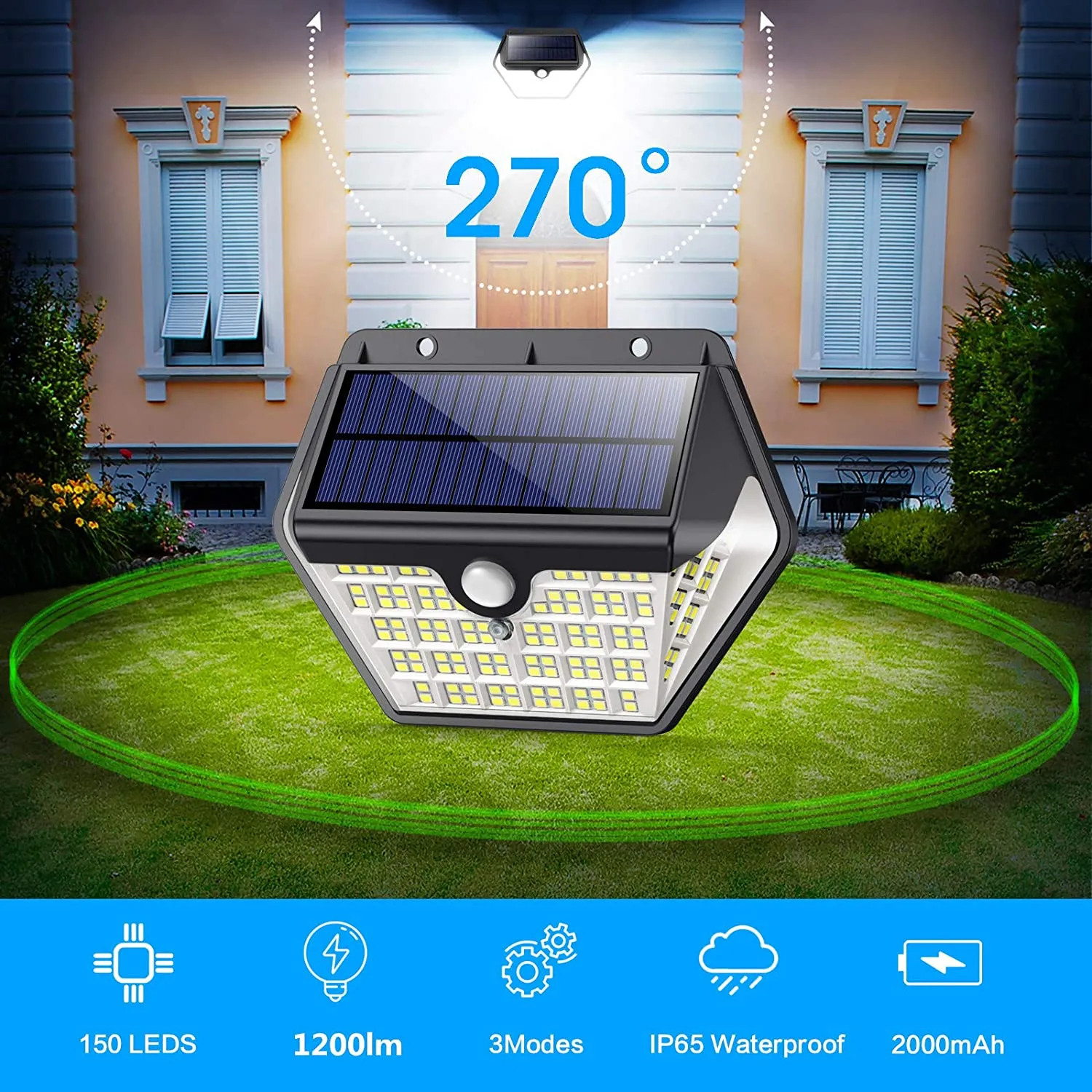 【4 Pezzi】Luce Solare Led Esterno, VOO Faretti Solari a 150 LED da Esterno con Sensore di Movimento, 270Illuminazione IP65 Imperm