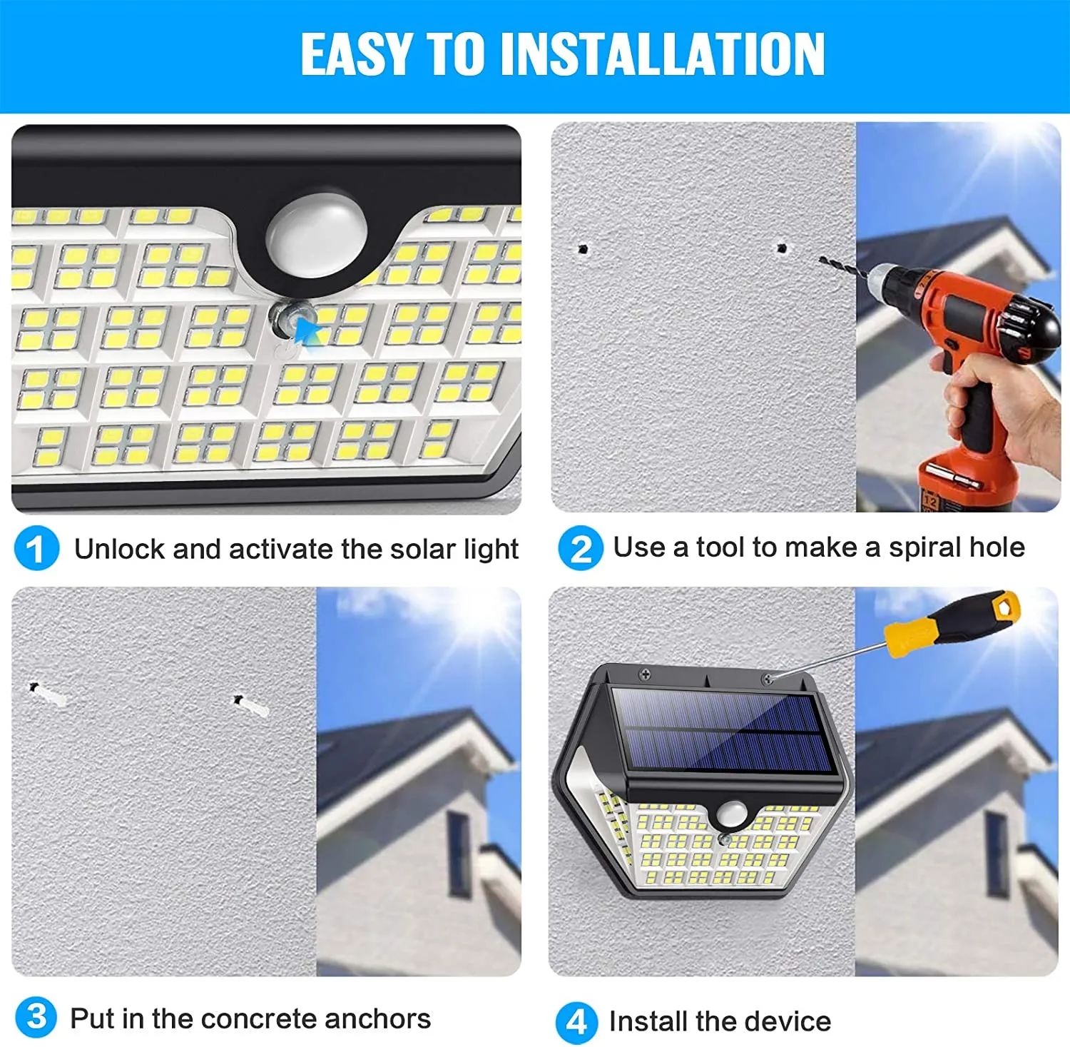 【4 Pezzi】Luce Solare Led Esterno, VOO Faretti Solari a 150 LED da Esterno con Sensore di Movimento, 270Illuminazione IP65 Imperm