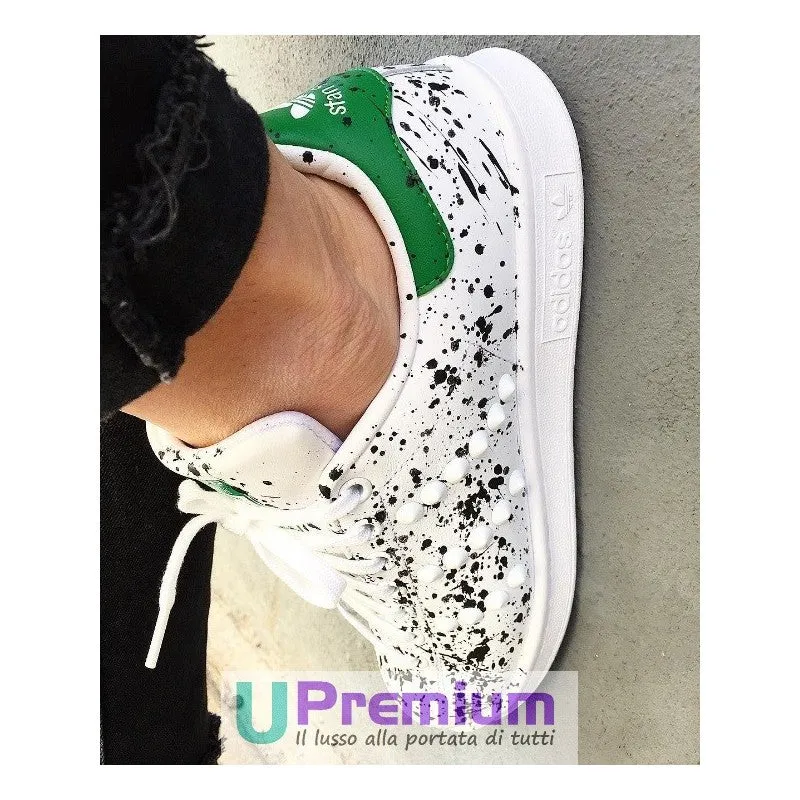 Adidas Stan Smith Bianche Profilo Verde Schizzi Neri Borchie [Prodotto Customizzato]