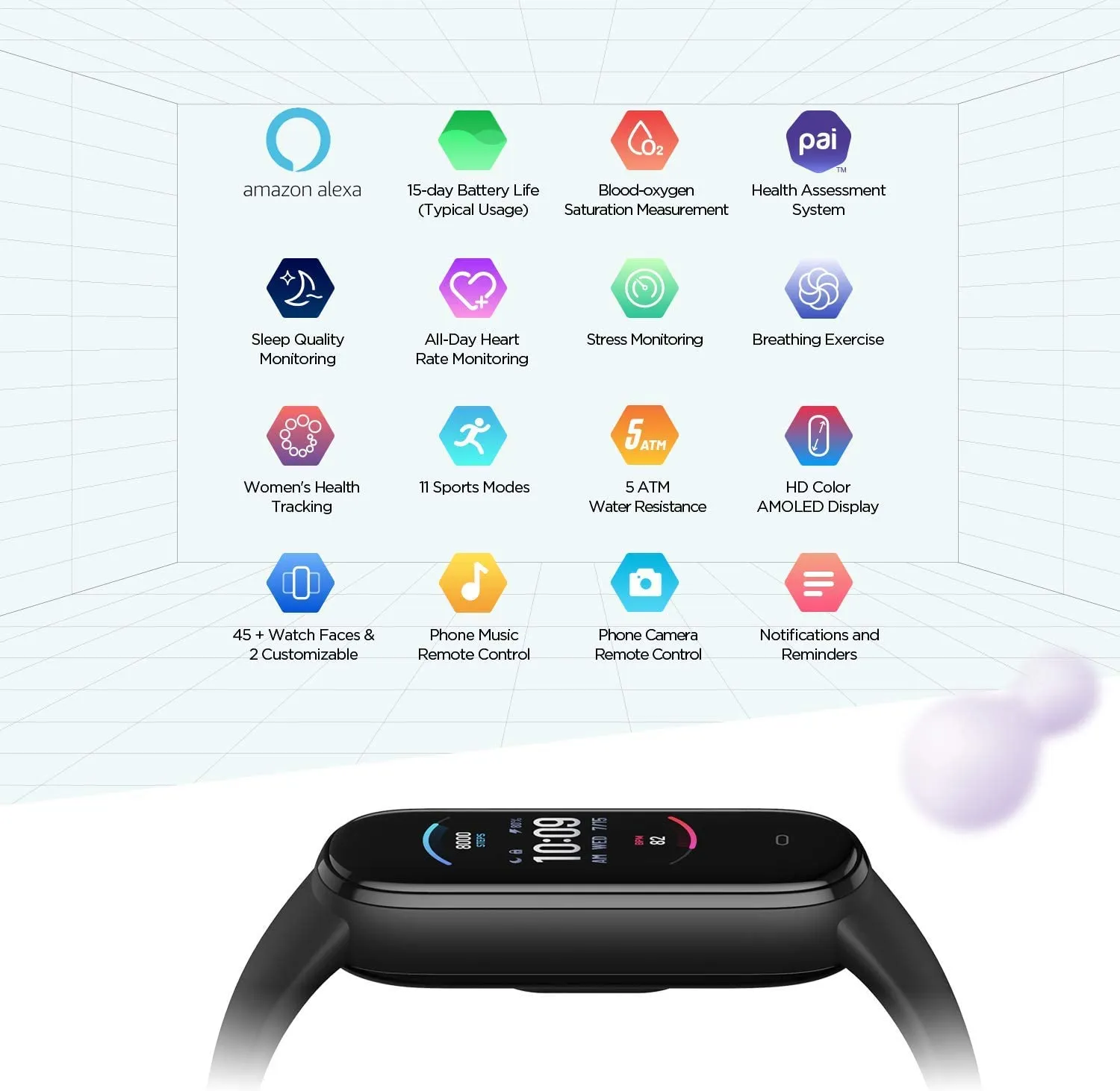 Amazfit Band 5 Smartwatch Tracker Fitness Orologio Sport Smartband con Alexa Integrato Impermeabile 5 ATM di 15 Giorni, Contapas