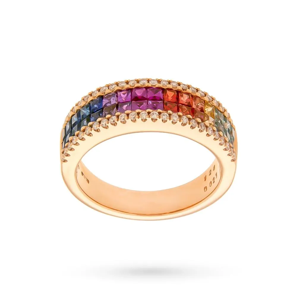 Anello fedina oro rosa arcobaleno zaffiri 1,28ct diamanti 0,23ct