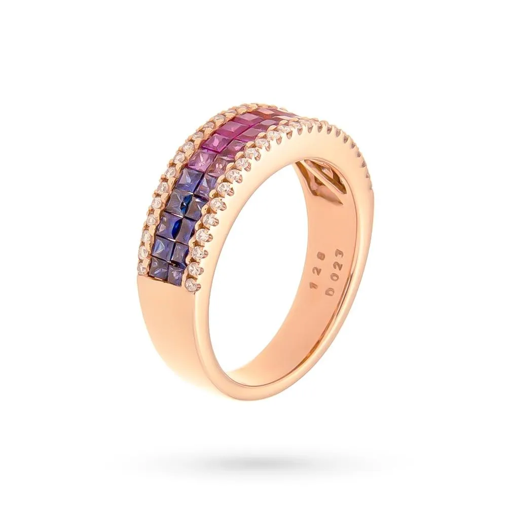 Anello fedina oro rosa arcobaleno zaffiri 1,28ct diamanti 0,23ct