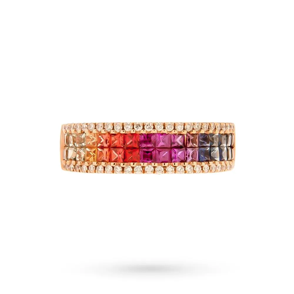 Anello fedina oro rosa arcobaleno zaffiri 1,28ct diamanti 0,23ct