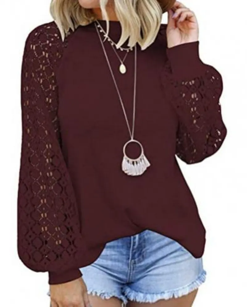 Camicetta casual chic T-shirt da donna girocollo in pizzo alluncinetto per la pelle cava Streetwear manica lunga con scollo a V