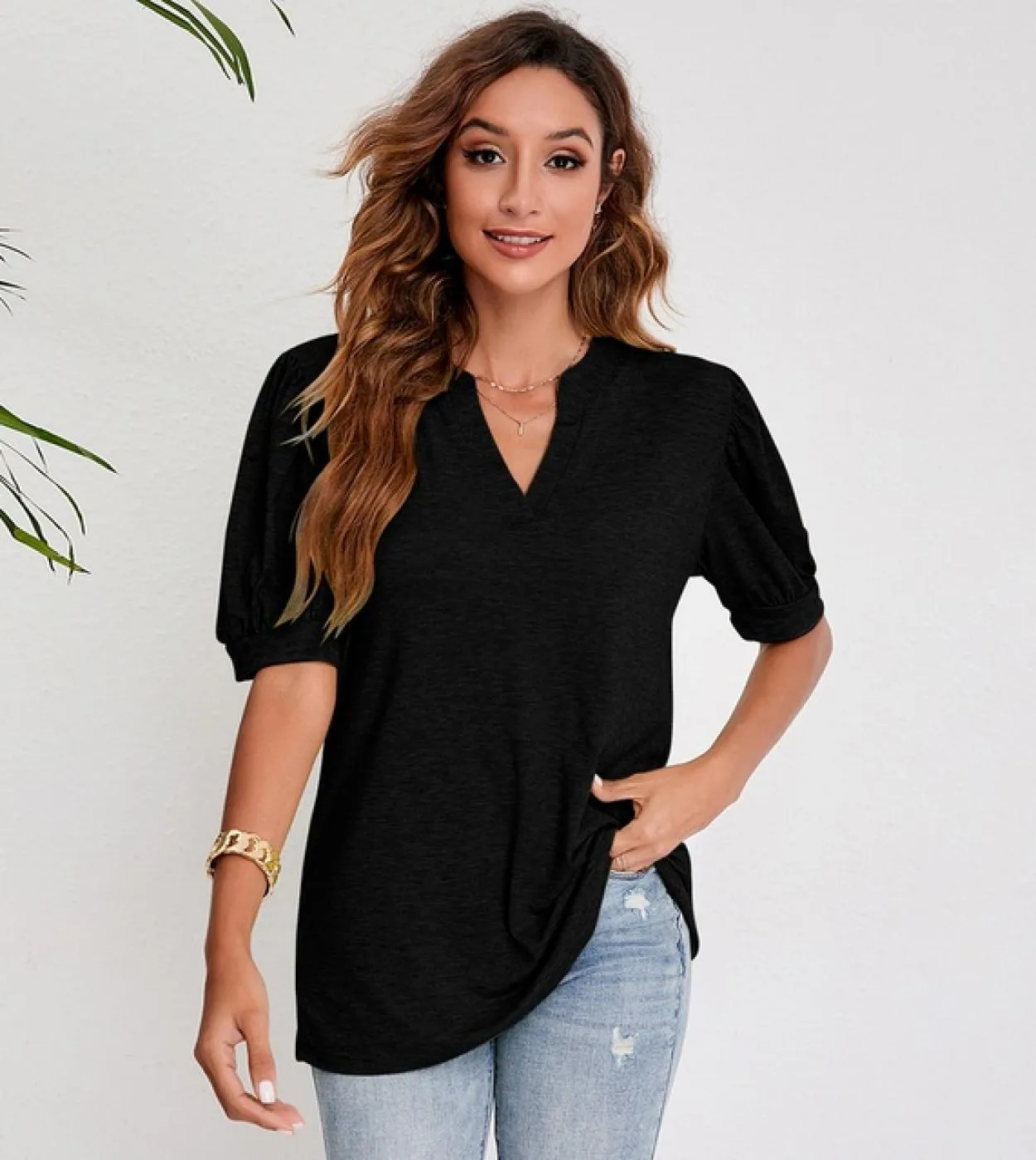 Camicetta di cotone moda estiva Camicia a maniche corte a sbuffo da donna T-shirt da donna solida con scollo a V femminile T-shi