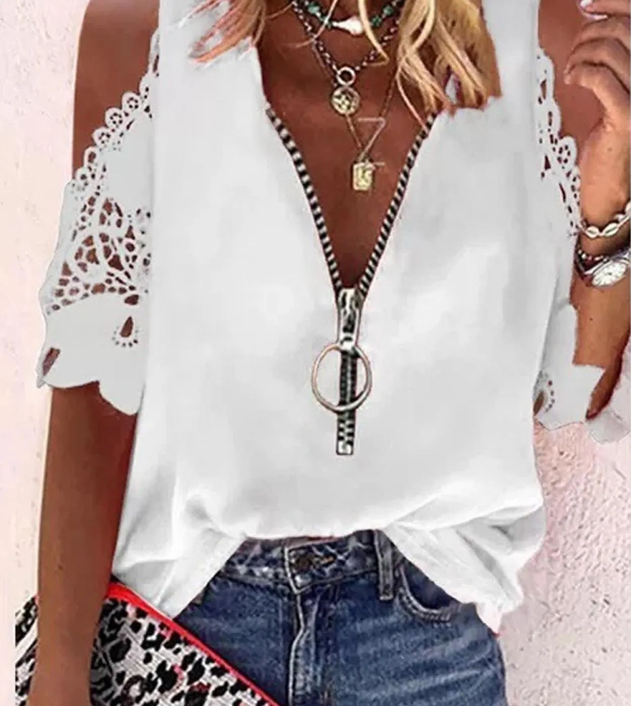 Camicia in pizzo a maniche corte moda casual donna estate scava fuori scollo a V cerniera Bouse donna sciolto elegante top Mujer
