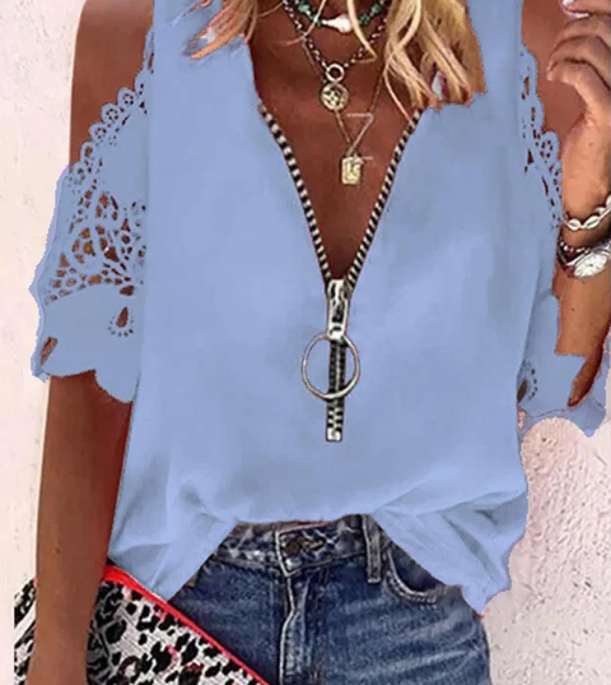 Camicia in pizzo a maniche corte moda casual donna estate scava fuori scollo a V cerniera Bouse donna sciolto elegante top Mujer