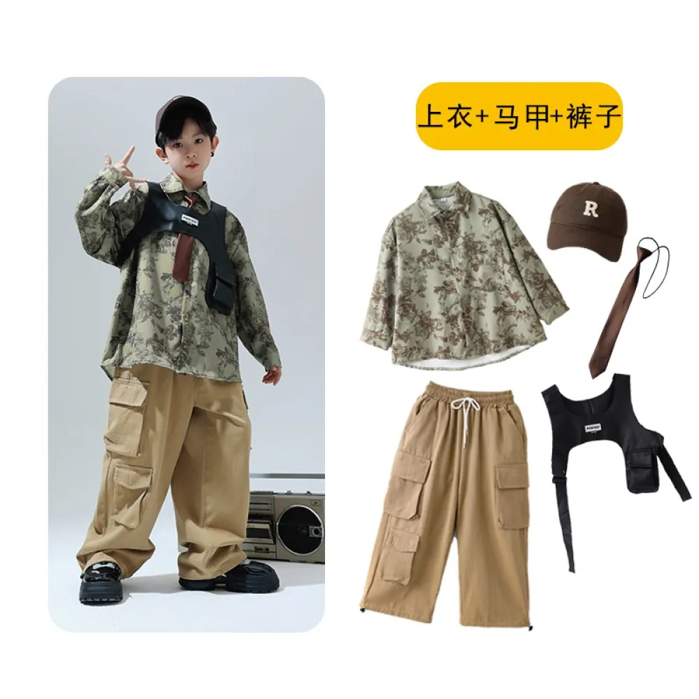 Cool Street Dance per bambini Jazz Dance Catwalk Drum Set Camicia a maniche lunghe Ragazzi e ragazze Abbigliamento per performan