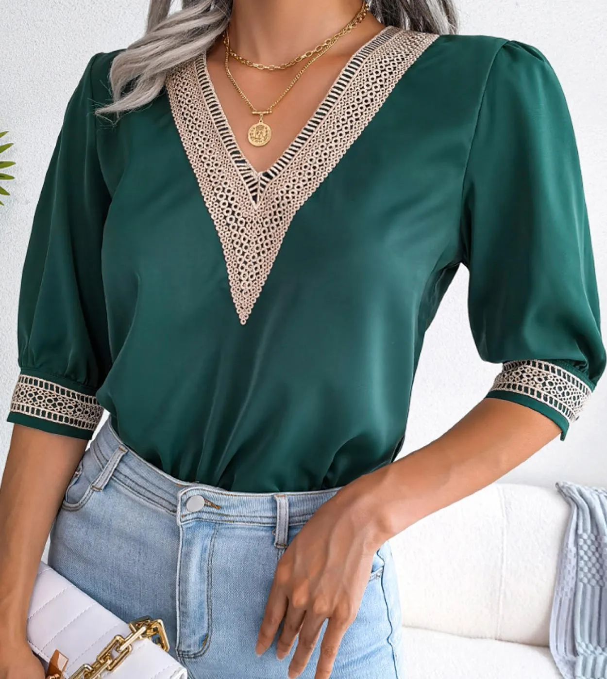 Elegante camicetta in chiffon di pizzo estivo con scollo a V 2023 Camicia donna allentata Primavera manica corta Casual Top Lady