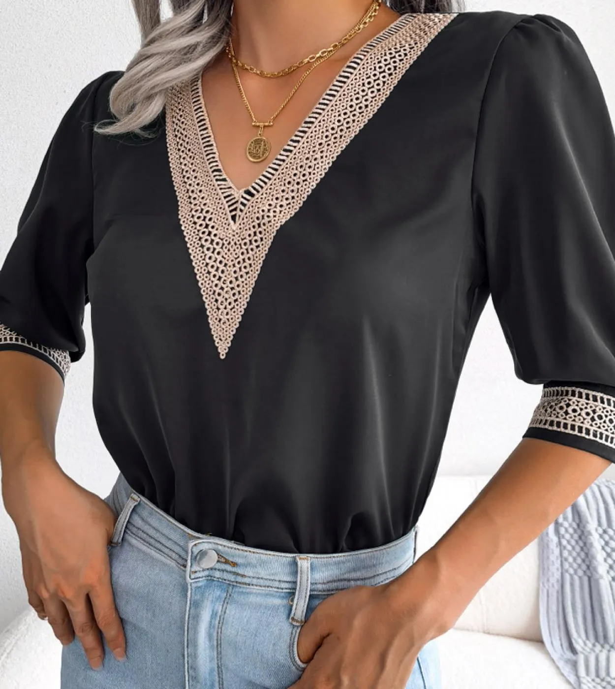 Elegante camicetta in chiffon di pizzo estivo con scollo a V 2023 Camicia donna allentata Primavera manica corta Casual Top Lady