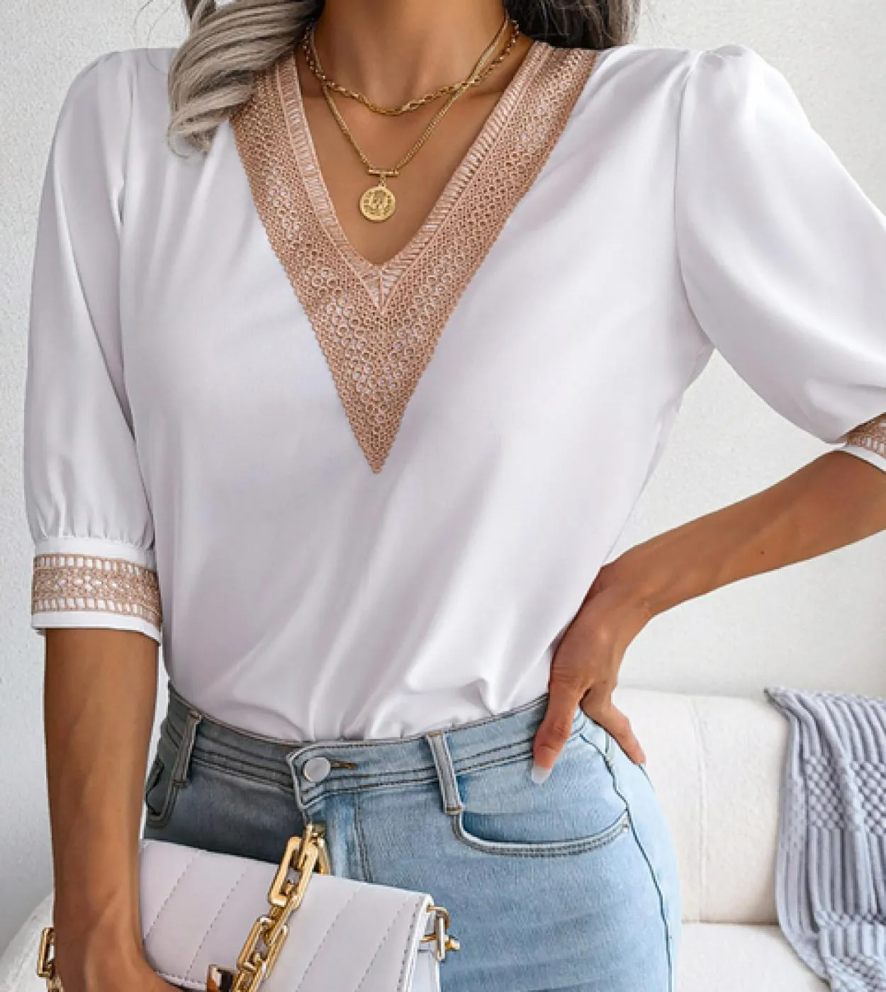 Elegante camicetta in chiffon di pizzo estivo con scollo a V 2023 Camicia donna allentata Primavera manica corta Casual Top Lady