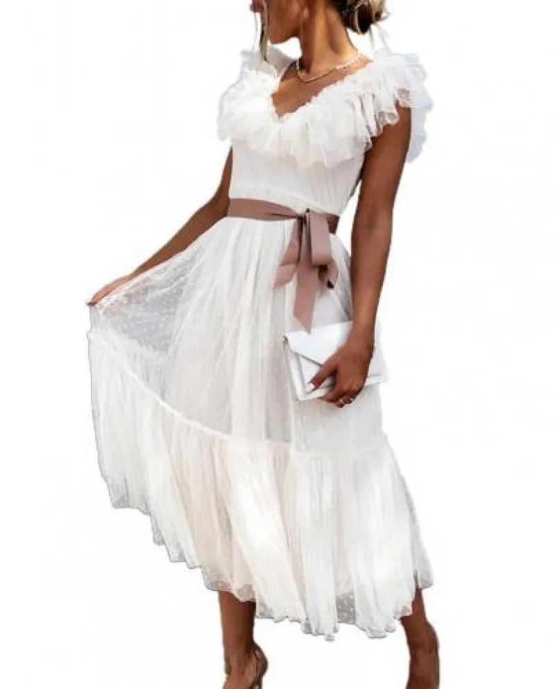 Elegante vestito estivo da donna con scollo a V e spalle scoperte Elegante volant con scollo a V