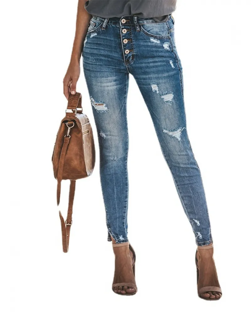 Factory Direct Sales  And  New Style Washed High Elastic Slit Leg Pants Ripped Women's Denim Trousers