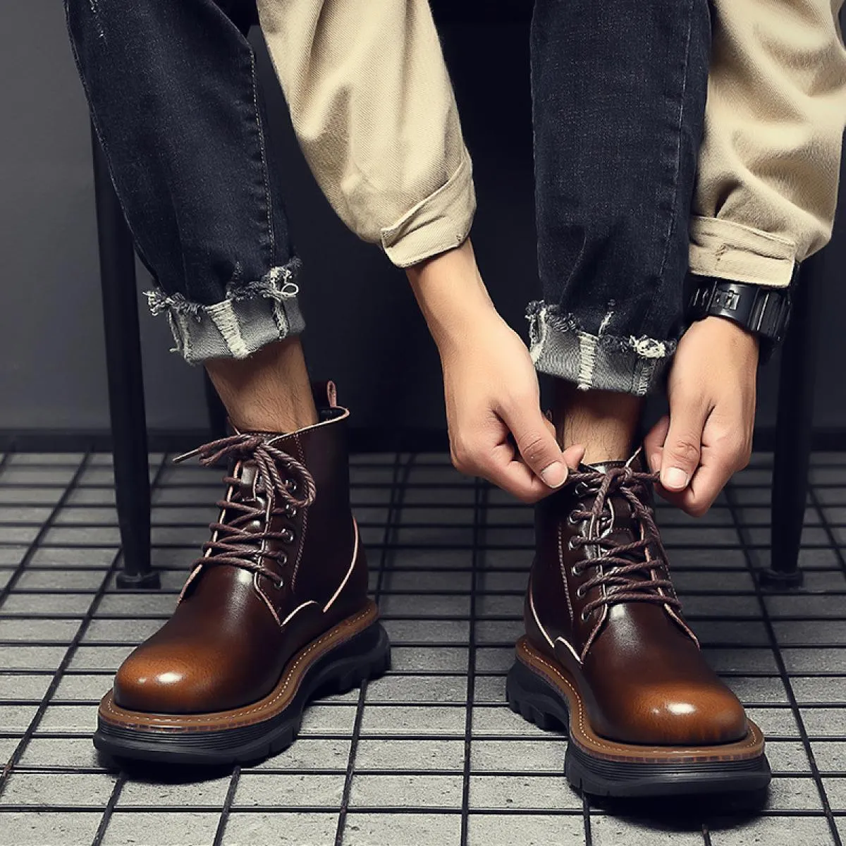 Jy 2022 Stivali Martins in vera pelle da uomo Stivali retrò con utensili Stivali da uomo in pelle casual Stivali vintage da uomo