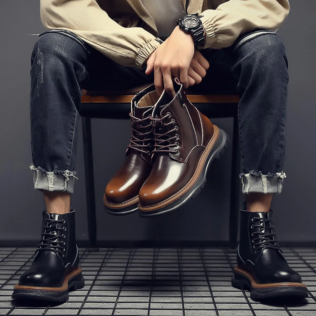 Jy 2022 Stivali Martins in vera pelle da uomo Stivali retrò con utensili Stivali da uomo in pelle casual Stivali vintage da uomo