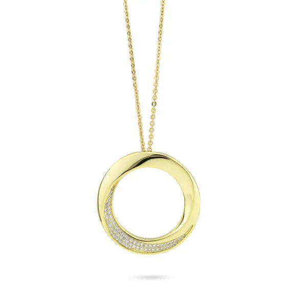 KGR044D Collana placcata oro giallo con pendente a modulo circolare grande con pavè di zirconi    