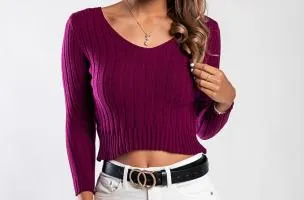 Maglietta lavorata a maglia con scollo rotondo, fucsia