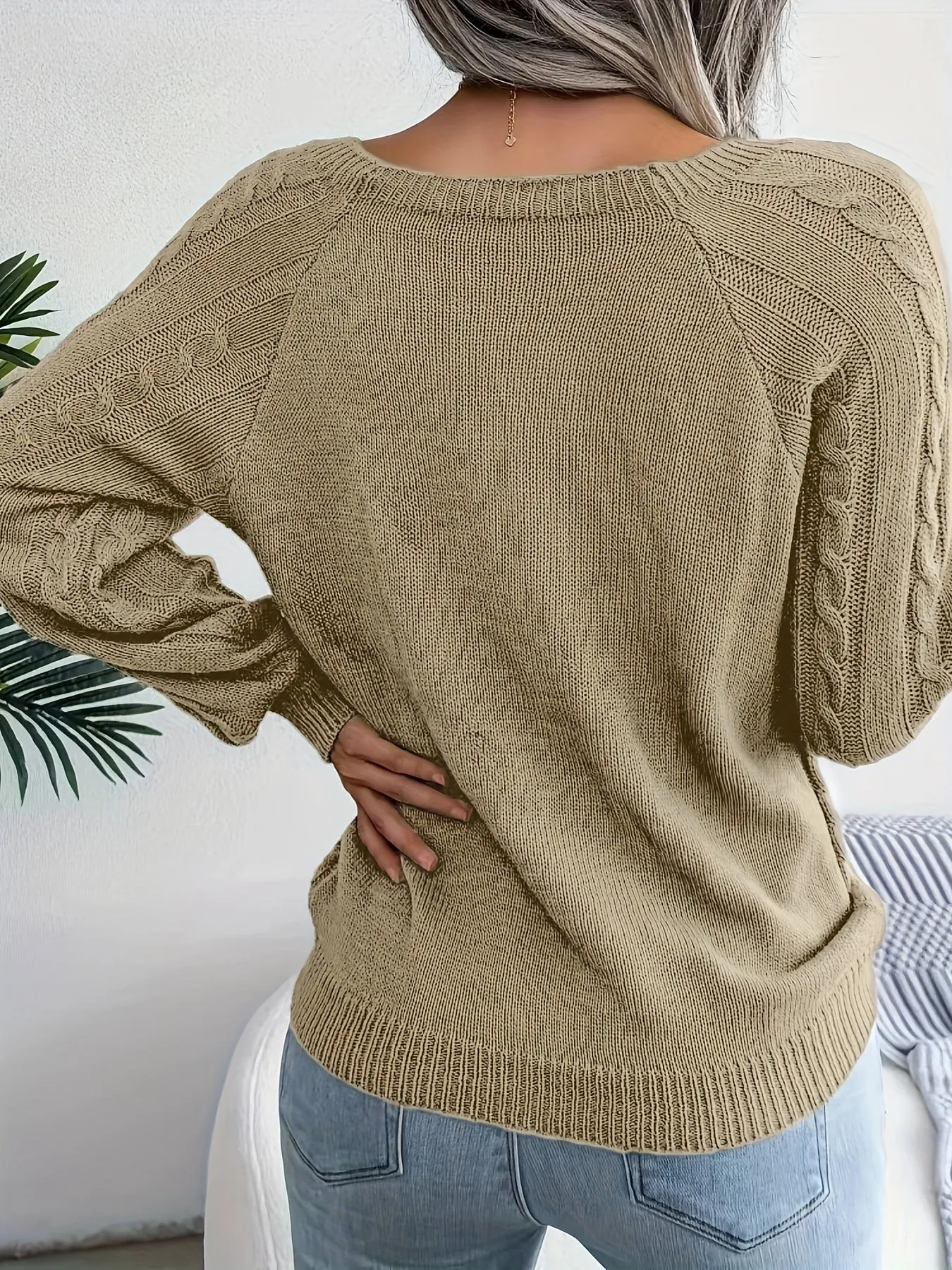 Maglione Lavorato A Maglia A Trecce Solido, Maglione A Maniche Lunghe Girocollo Casual, Abbigliamento Femminile