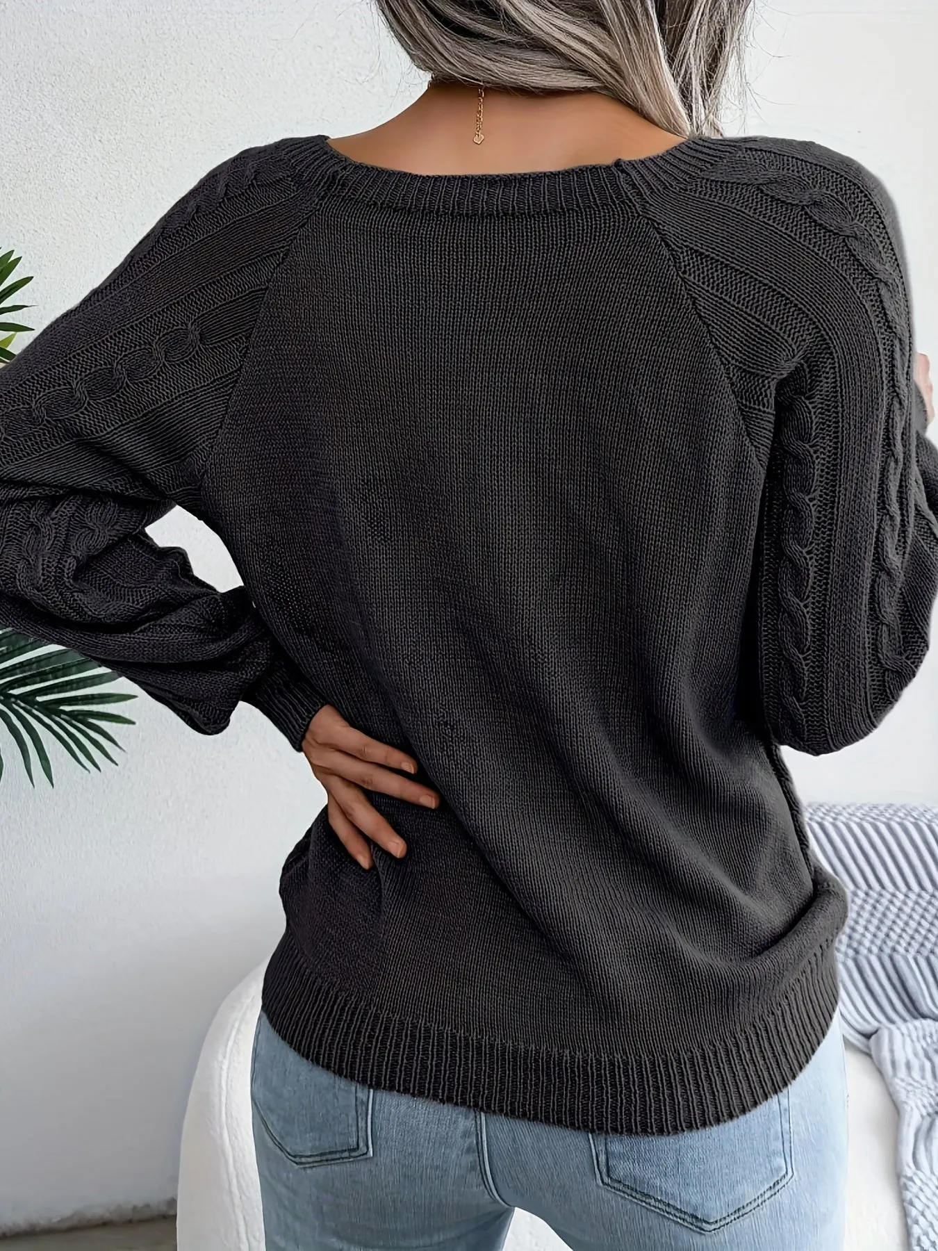 Maglione Lavorato A Maglia A Trecce Solido, Maglione A Maniche Lunghe Girocollo Casual, Abbigliamento Femminile