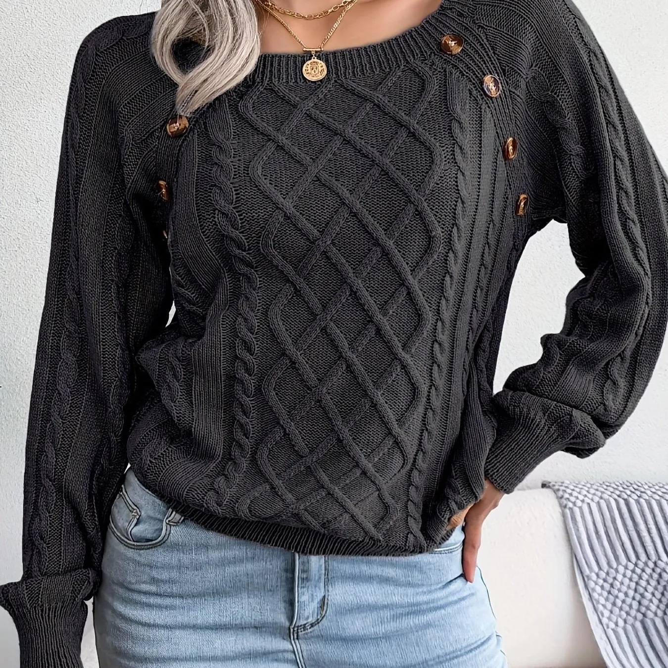 Maglione Lavorato A Maglia A Trecce Solido, Maglione A Maniche Lunghe Girocollo Casual, Abbigliamento Femminile