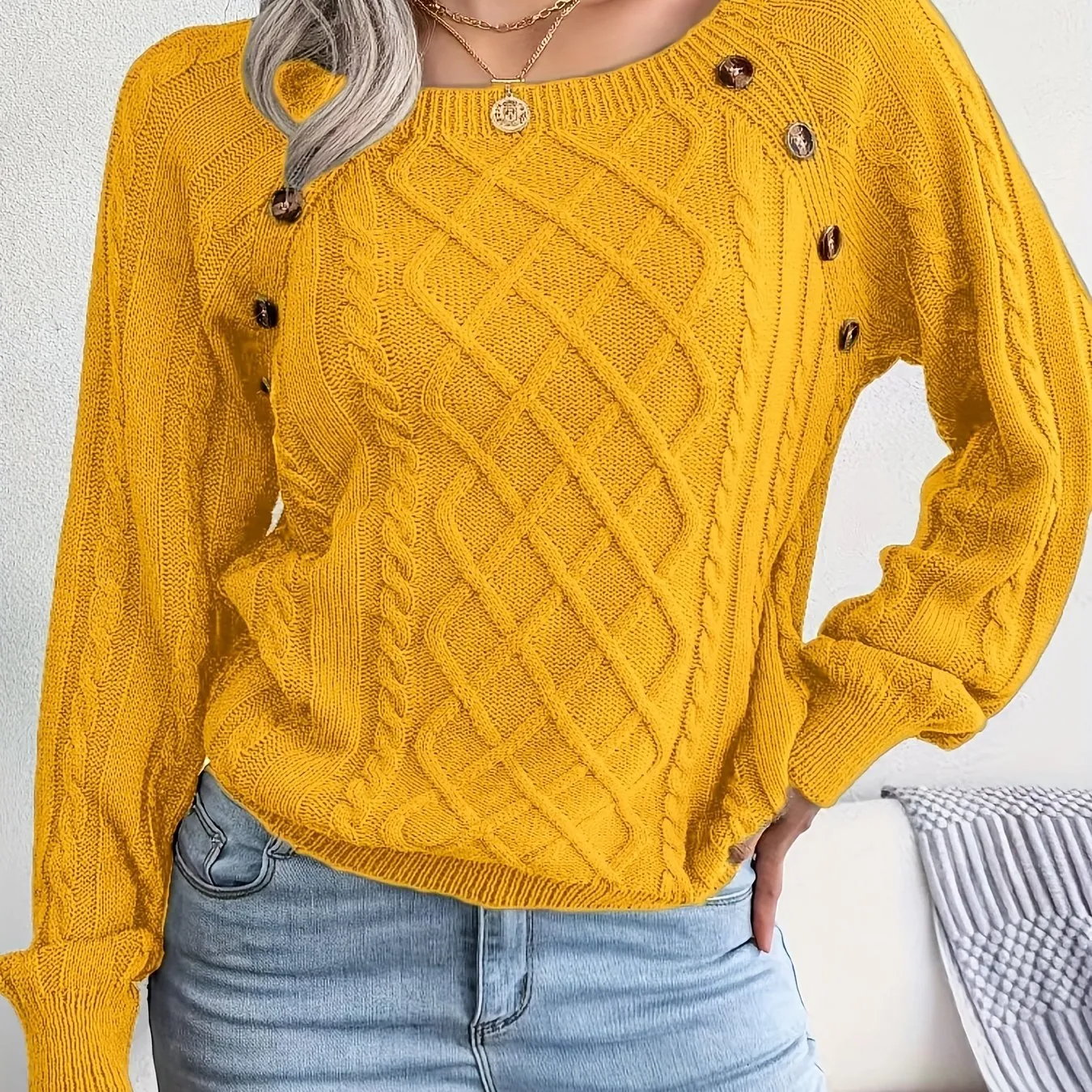 Maglione Lavorato A Maglia A Trecce Solido, Maglione A Maniche Lunghe Girocollo Casual, Abbigliamento Femminile