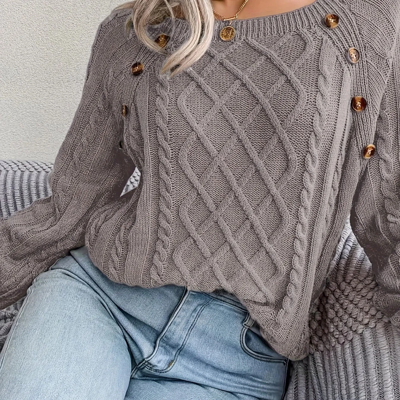 Maglione Lavorato A Maglia A Trecce Solido, Maglione A Maniche Lunghe Girocollo Casual, Abbigliamento Femminile