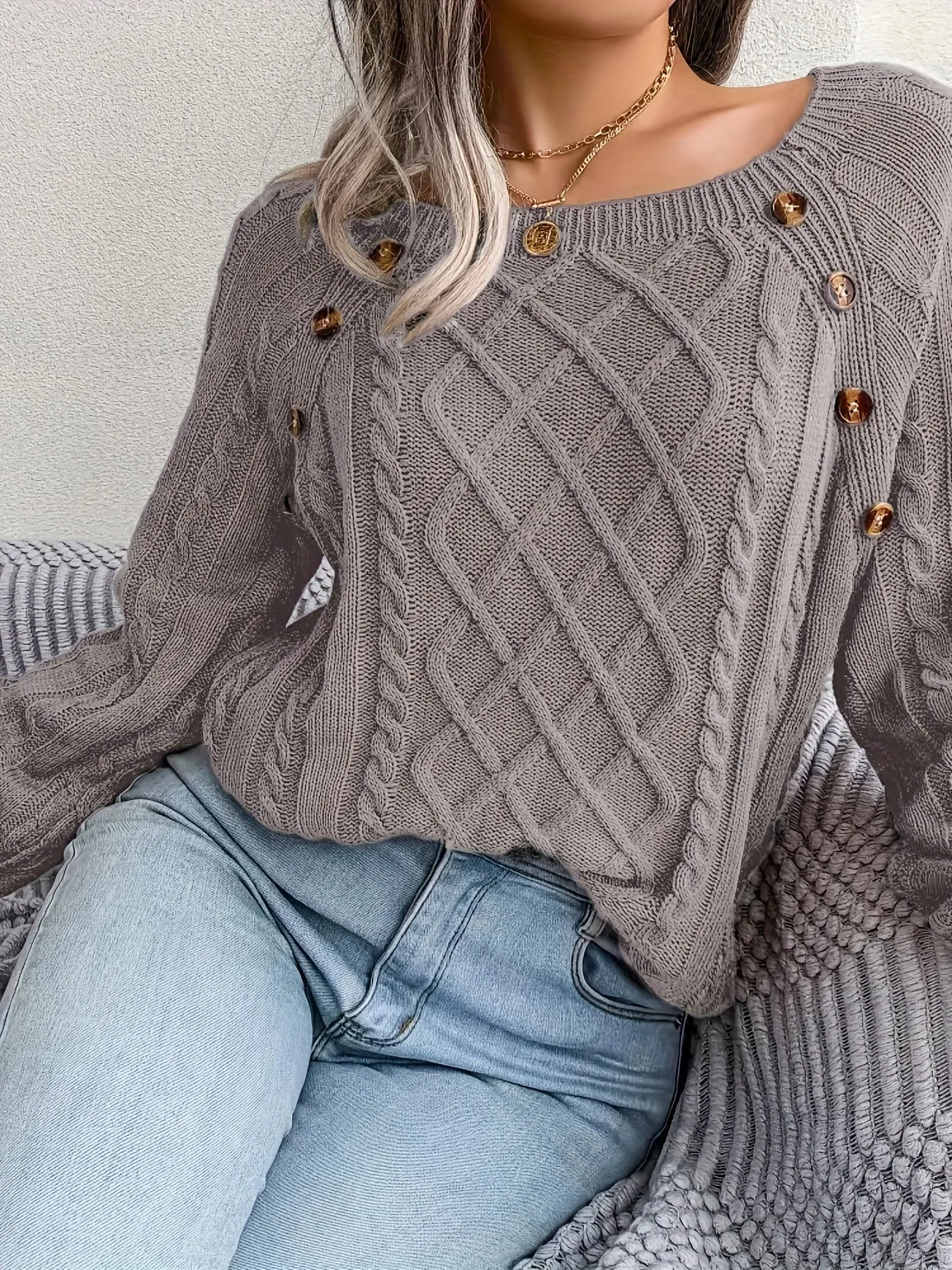 Maglione Lavorato A Maglia A Trecce Solido, Maglione A Maniche Lunghe Girocollo Casual, Abbigliamento Femminile
