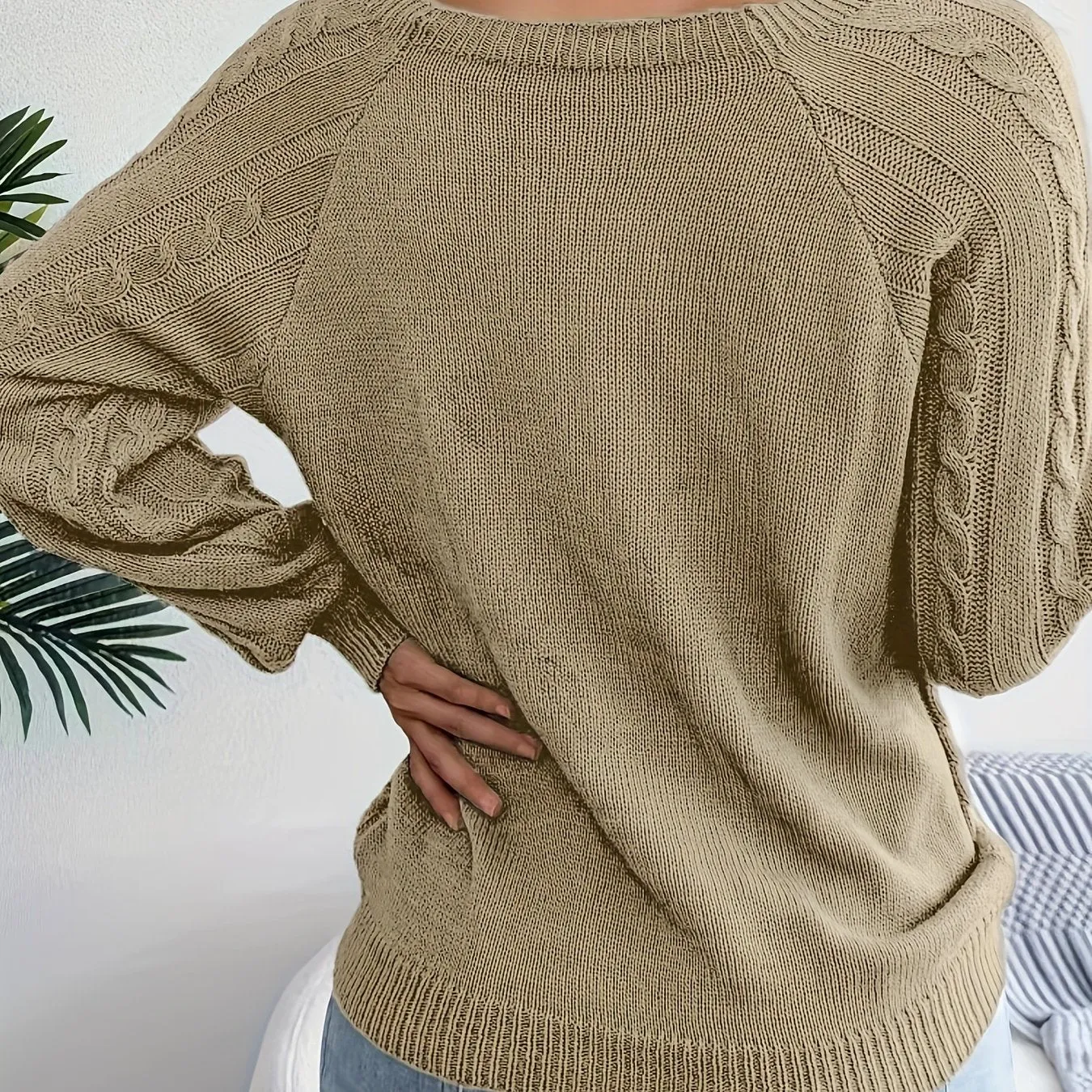 Maglione Lavorato A Maglia A Trecce Solido, Maglione A Maniche Lunghe Girocollo Casual, Abbigliamento Femminile