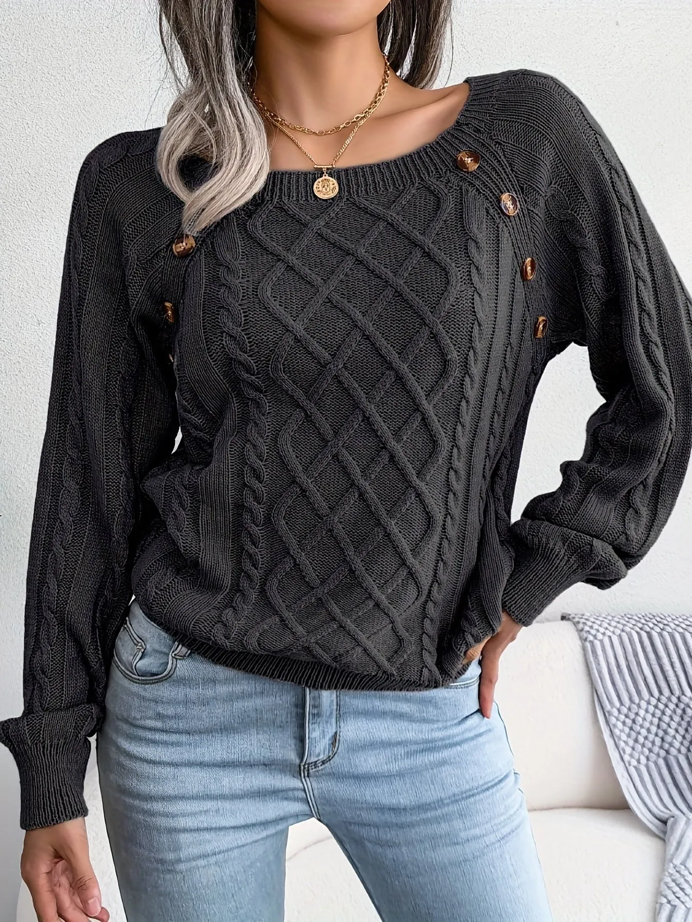Maglione Lavorato A Maglia A Trecce Solido, Maglione A Maniche Lunghe Girocollo Casual, Abbigliamento Femminile