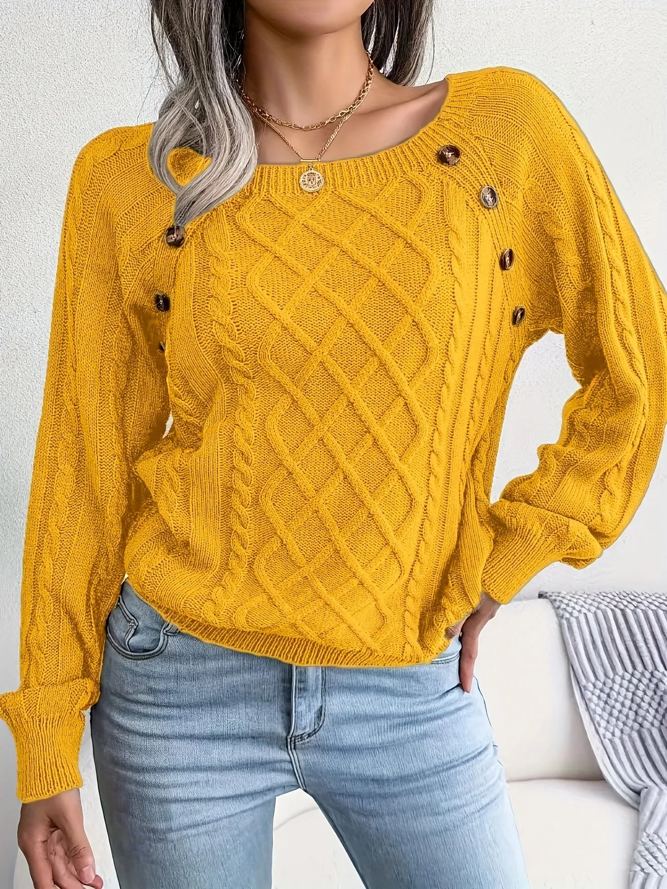 Maglione Lavorato A Maglia A Trecce Solido, Maglione A Maniche Lunghe Girocollo Casual, Abbigliamento Femminile