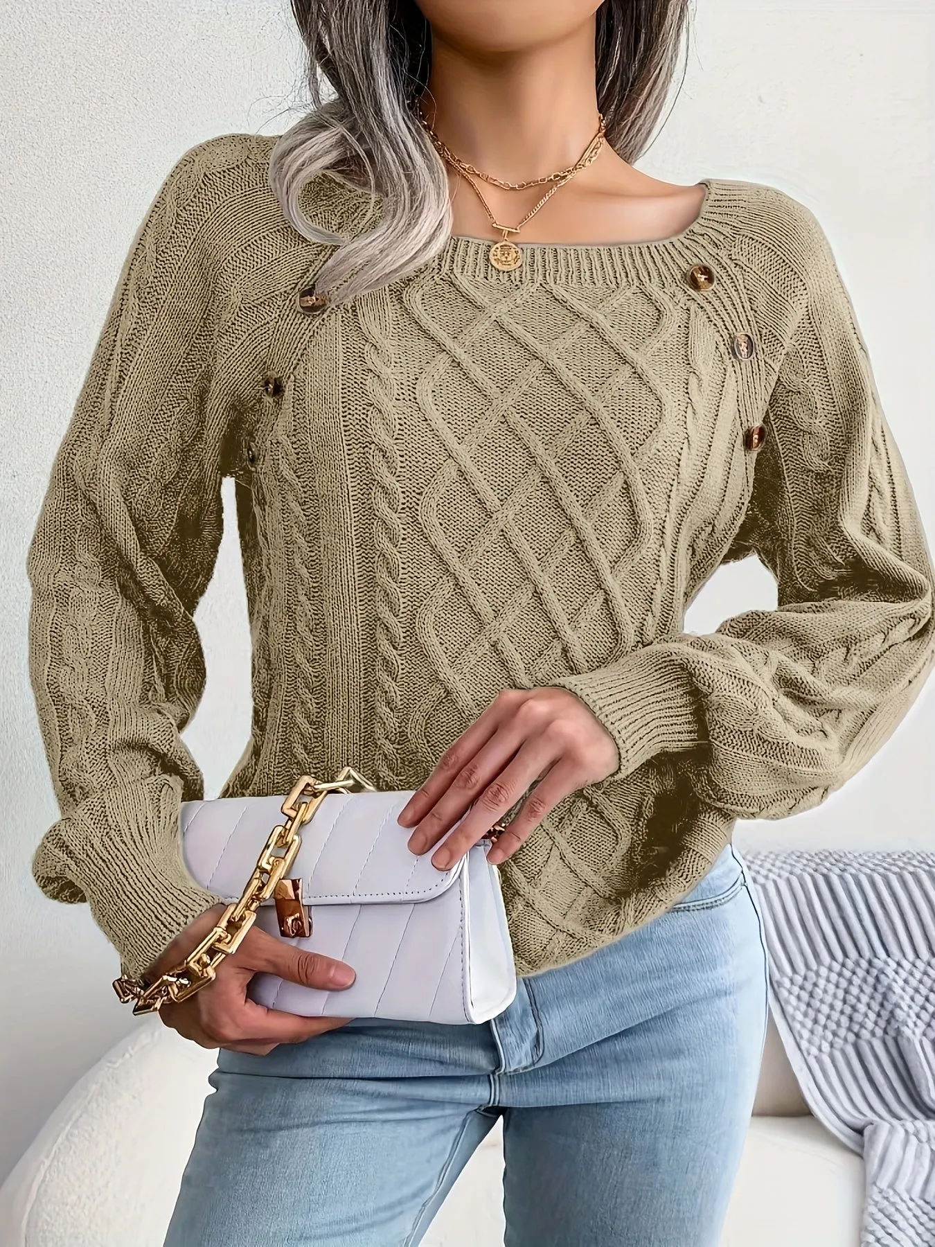 Maglione Lavorato A Maglia A Trecce Solido, Maglione A Maniche Lunghe Girocollo Casual, Abbigliamento Femminile