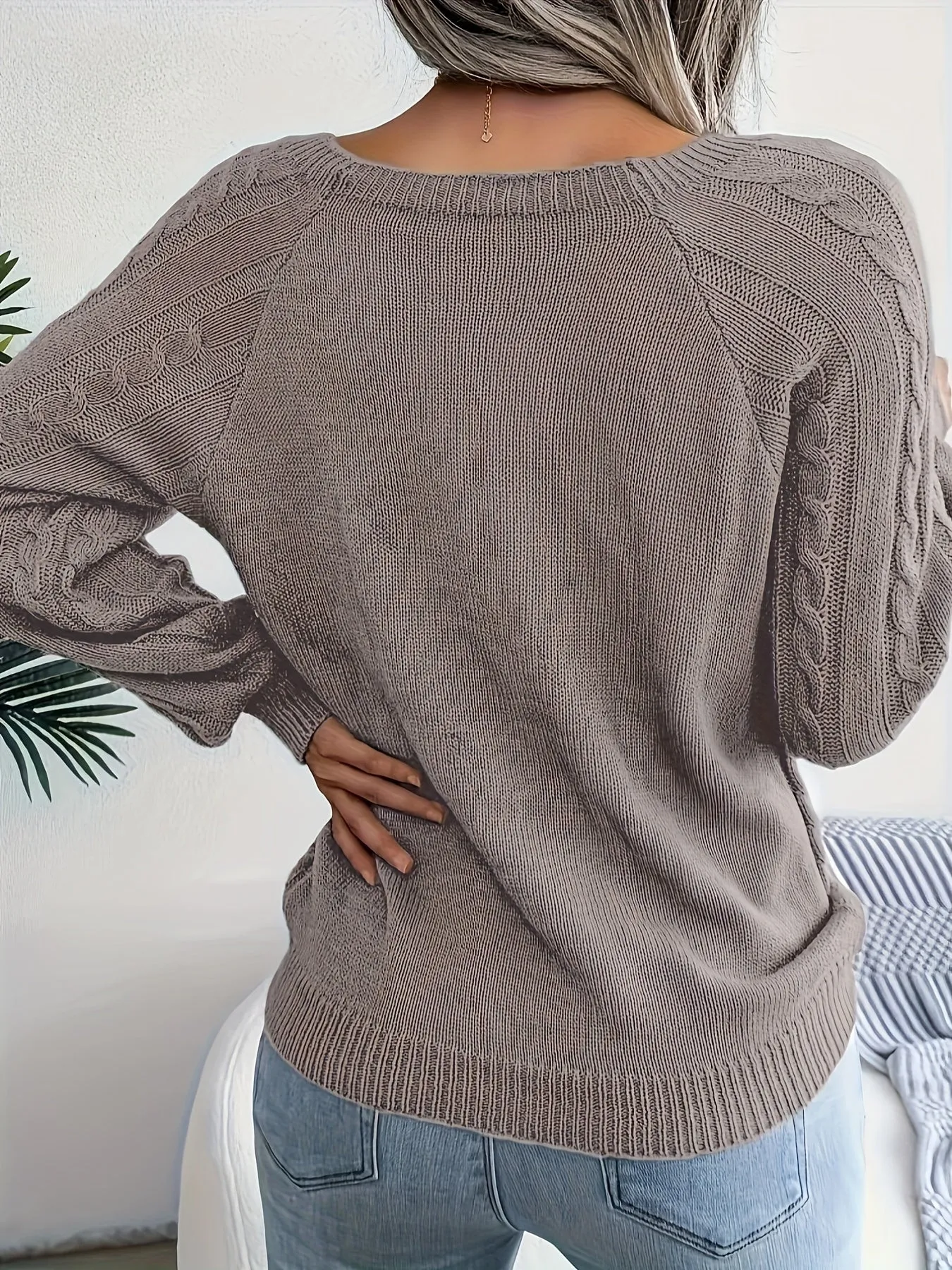 Maglione Lavorato A Maglia A Trecce Solido, Maglione A Maniche Lunghe Girocollo Casual, Abbigliamento Femminile