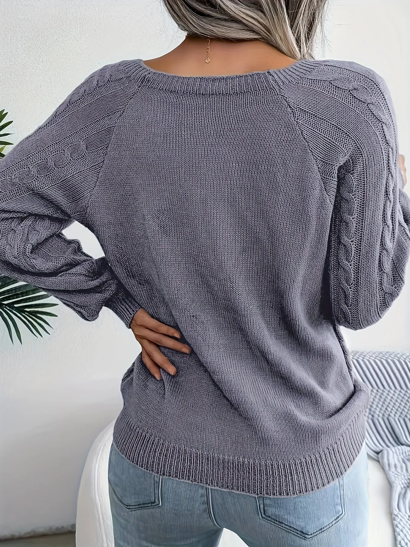 Maglione Lavorato A Maglia A Trecce Solido, Maglione A Maniche Lunghe Girocollo Casual, Abbigliamento Femminile
