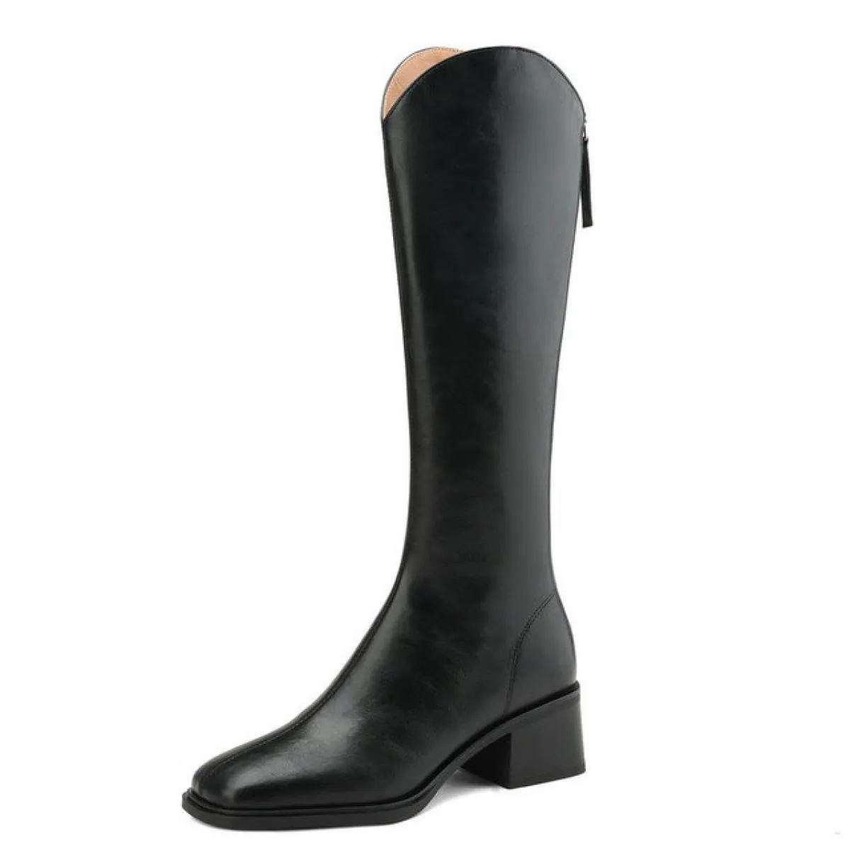 Moda Donna Stivali alti al ginocchio Vera pelle Calda lana Stivali da neve invernali Punta quadrata Tacchi spessi Scarpe casual