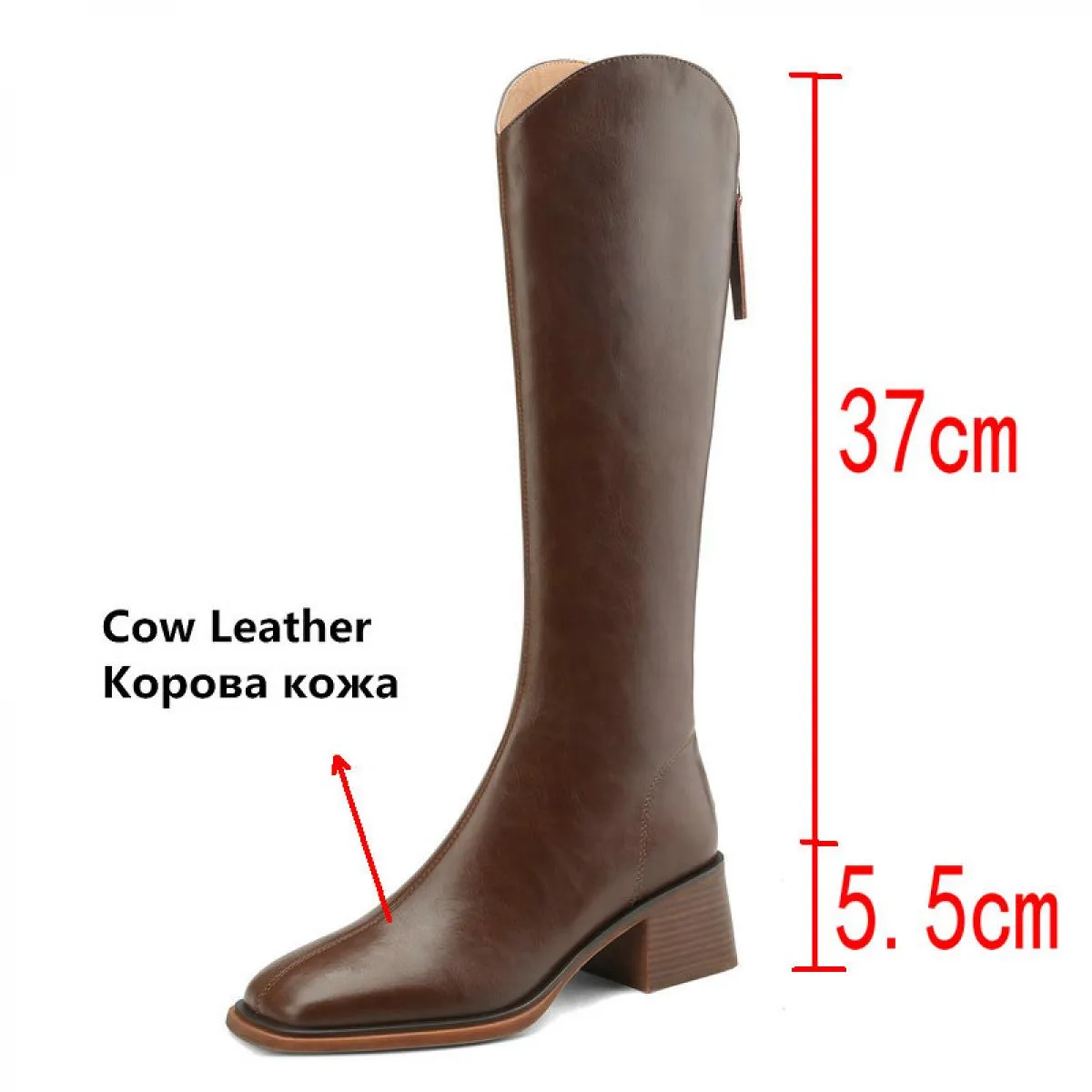 Moda Donna Stivali alti al ginocchio Vera pelle Calda lana Stivali da neve invernali Punta quadrata Tacchi spessi Scarpe casual