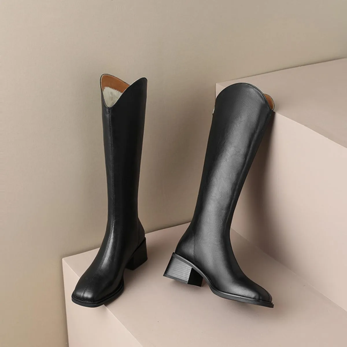 Moda Donna Stivali alti al ginocchio Vera pelle Calda lana Stivali da neve invernali Punta quadrata Tacchi spessi Scarpe casual