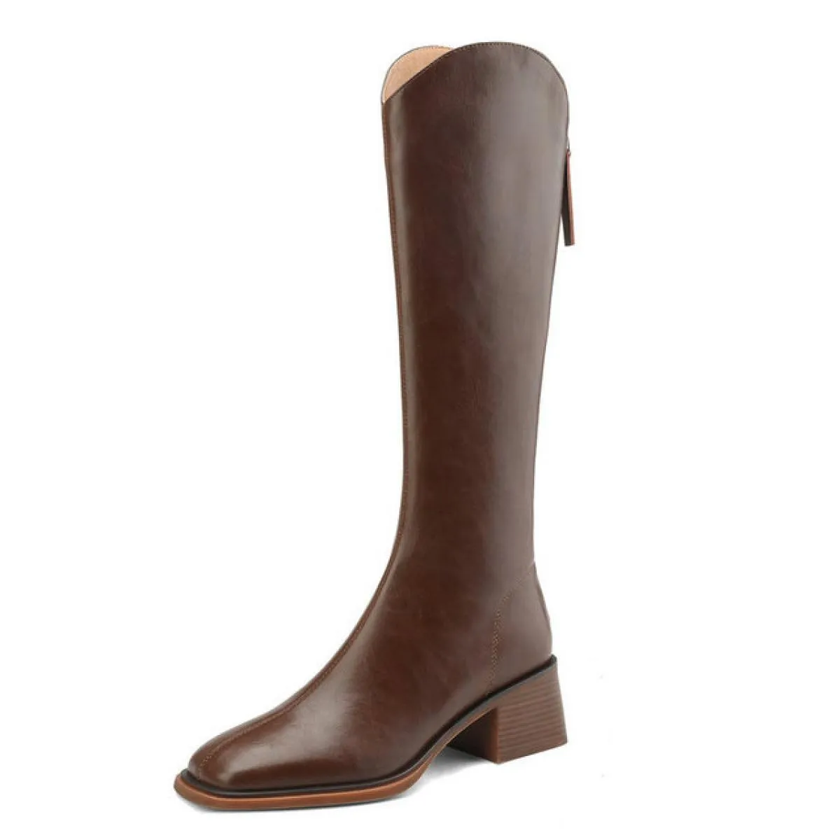 Moda Donna Stivali alti al ginocchio Vera pelle Calda lana Stivali da neve invernali Punta quadrata Tacchi spessi Scarpe casual