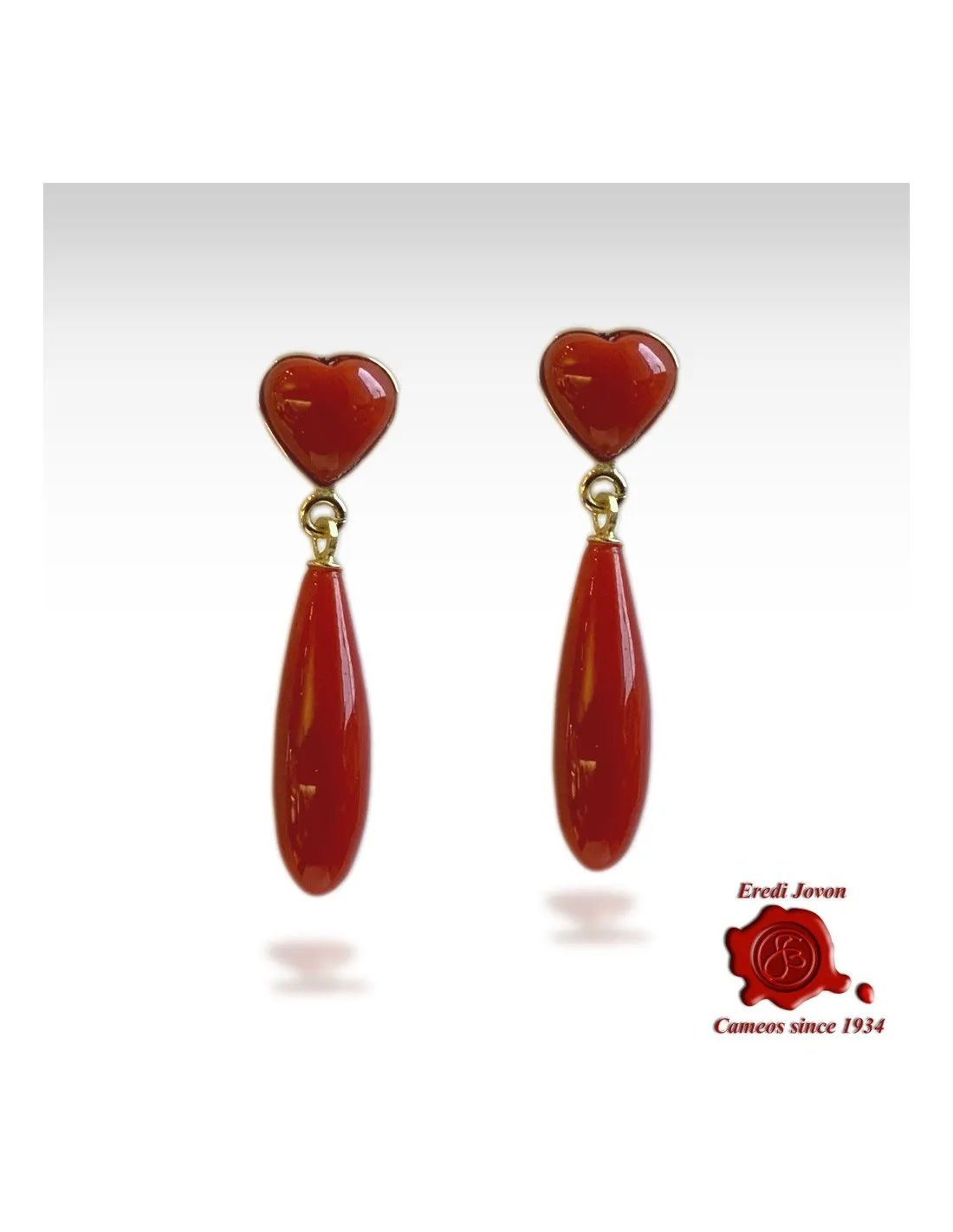 Orecchini Pendenti con Cuore in Corallo Rosso