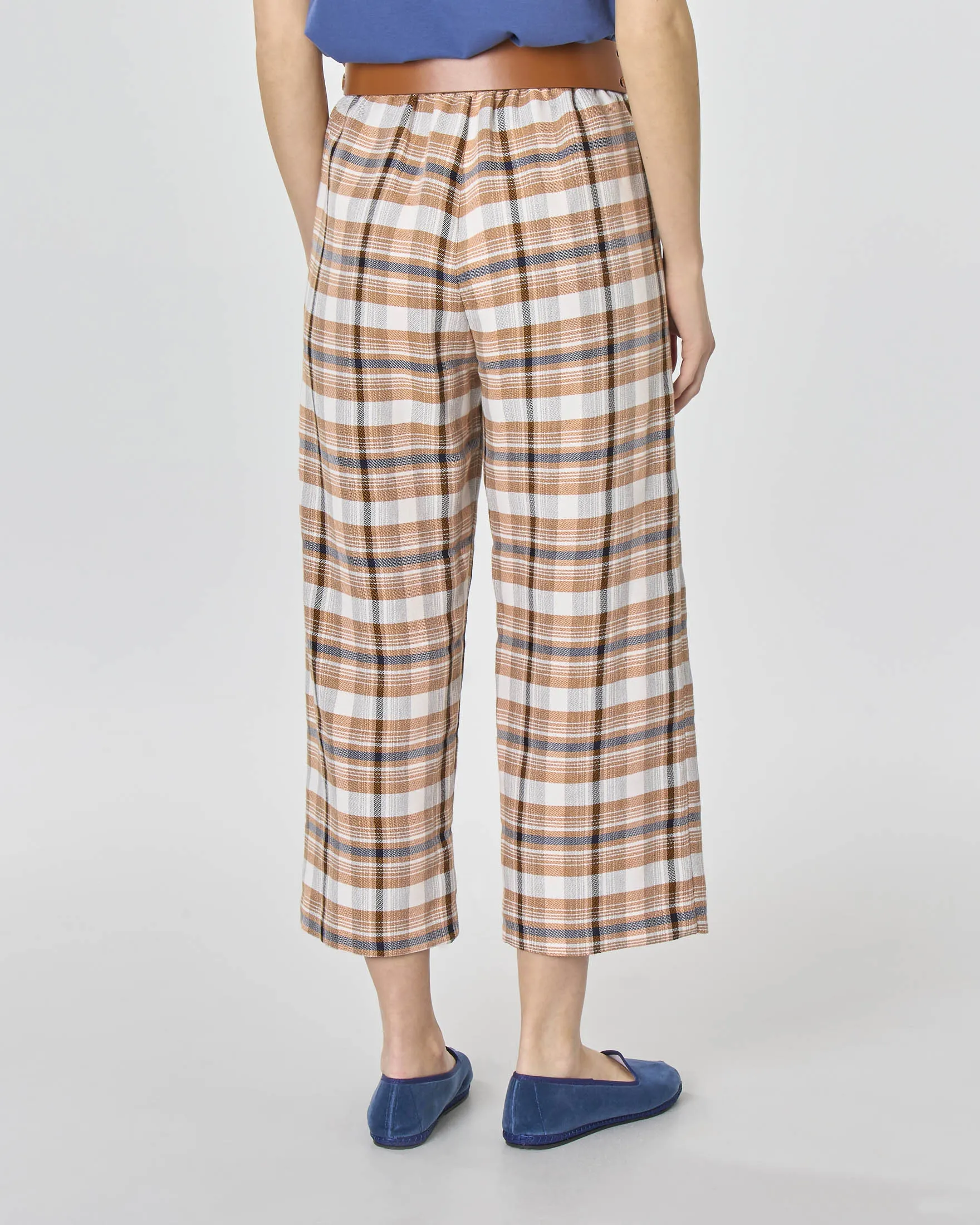 Pantalone cropped ampio in misto viscosa e lino a fantasia check arancione e grigio