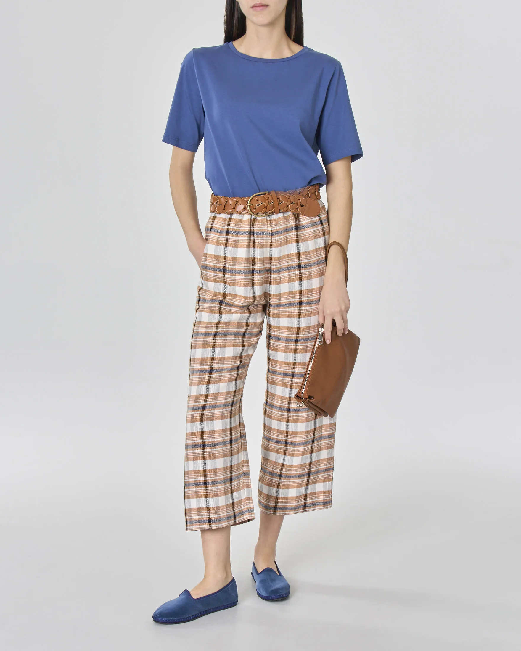 Pantalone cropped ampio in misto viscosa e lino a fantasia check arancione e grigio