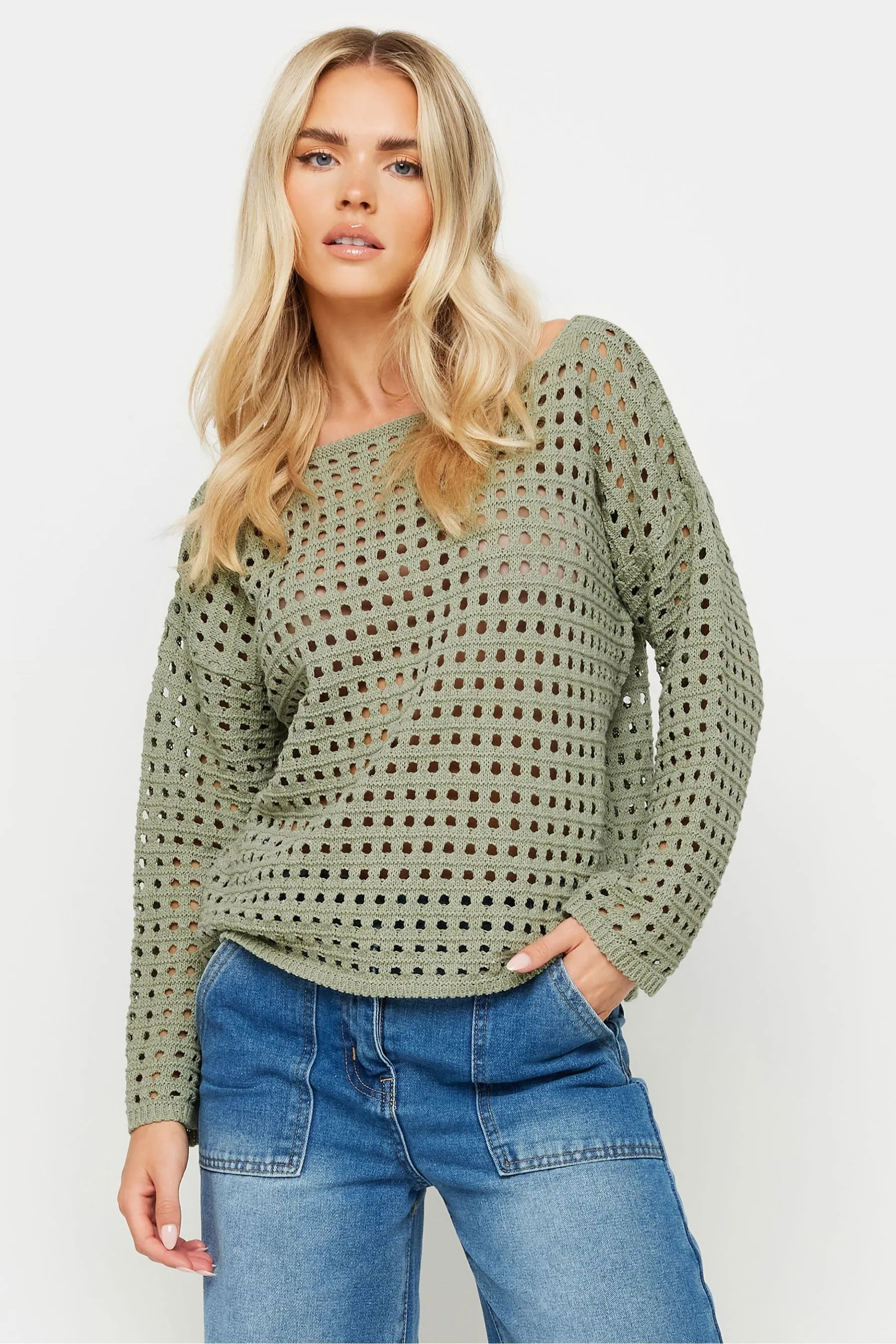 PixieGirl Petite Manica lunga - Maglia all'uncinetto con scollo a barchetta