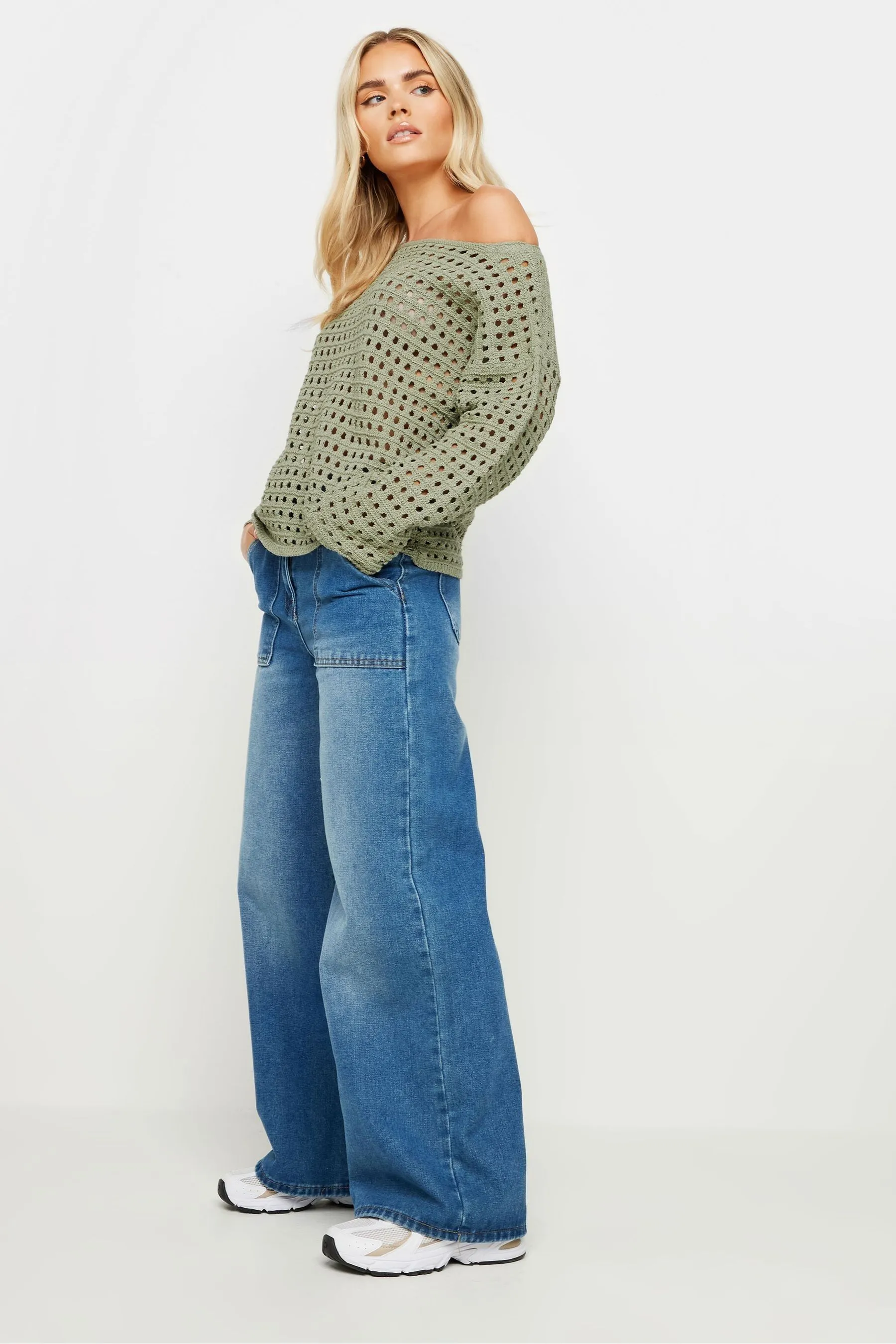 PixieGirl Petite Manica lunga - Maglia all'uncinetto con scollo a barchetta
