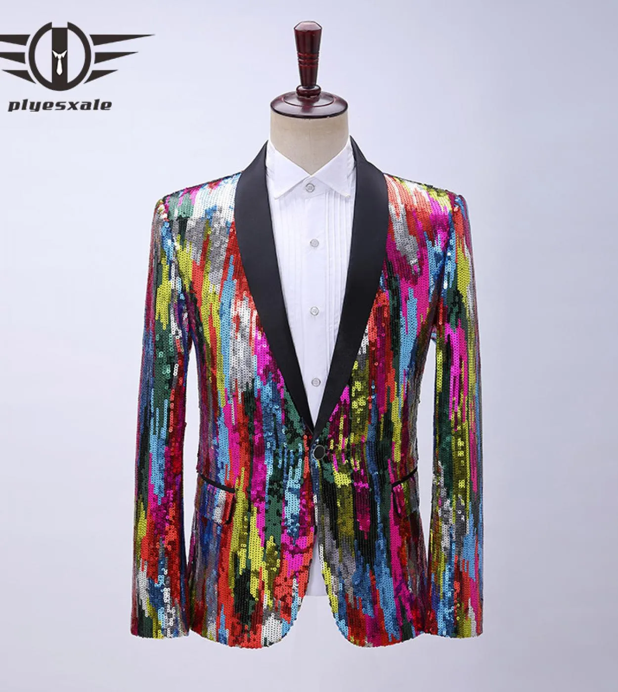 Plyesxale Blazer con paillettes verticali colorate Moda uomo Collo a scialle Costume da cantante di scena Blazer lucido Giacca d