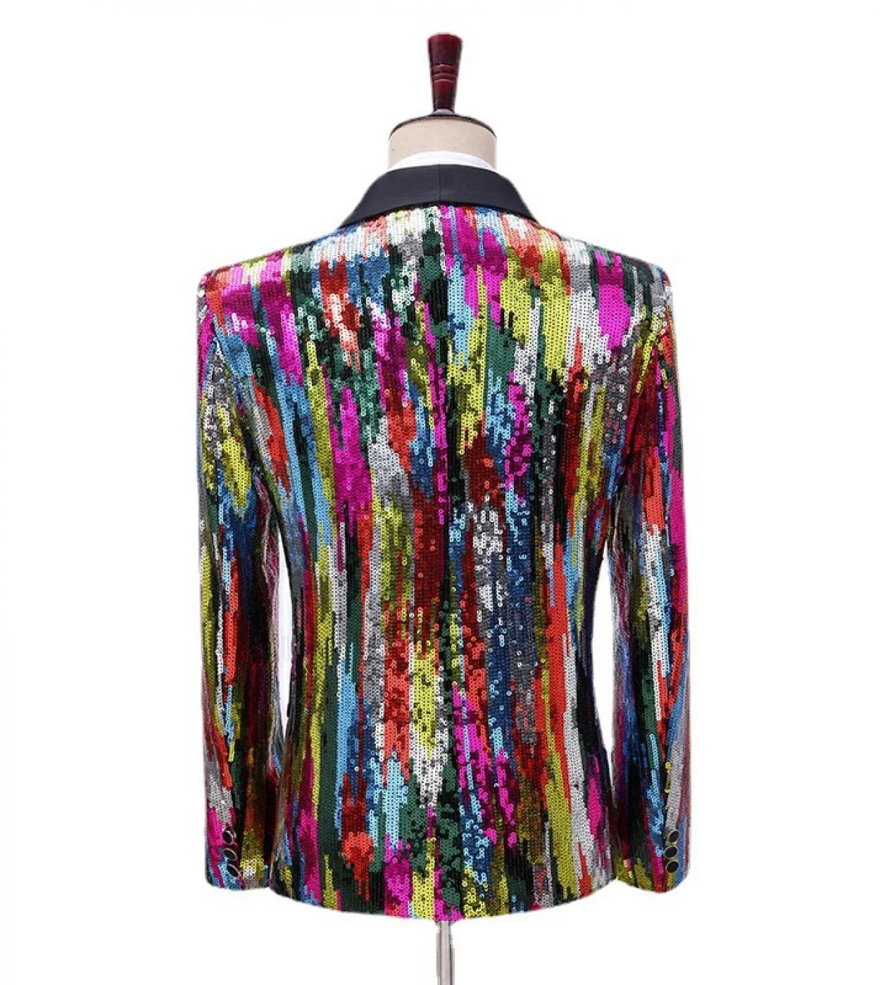 Plyesxale Blazer con paillettes verticali colorate Moda uomo Collo a scialle Costume da cantante di scena Blazer lucido Giacca d