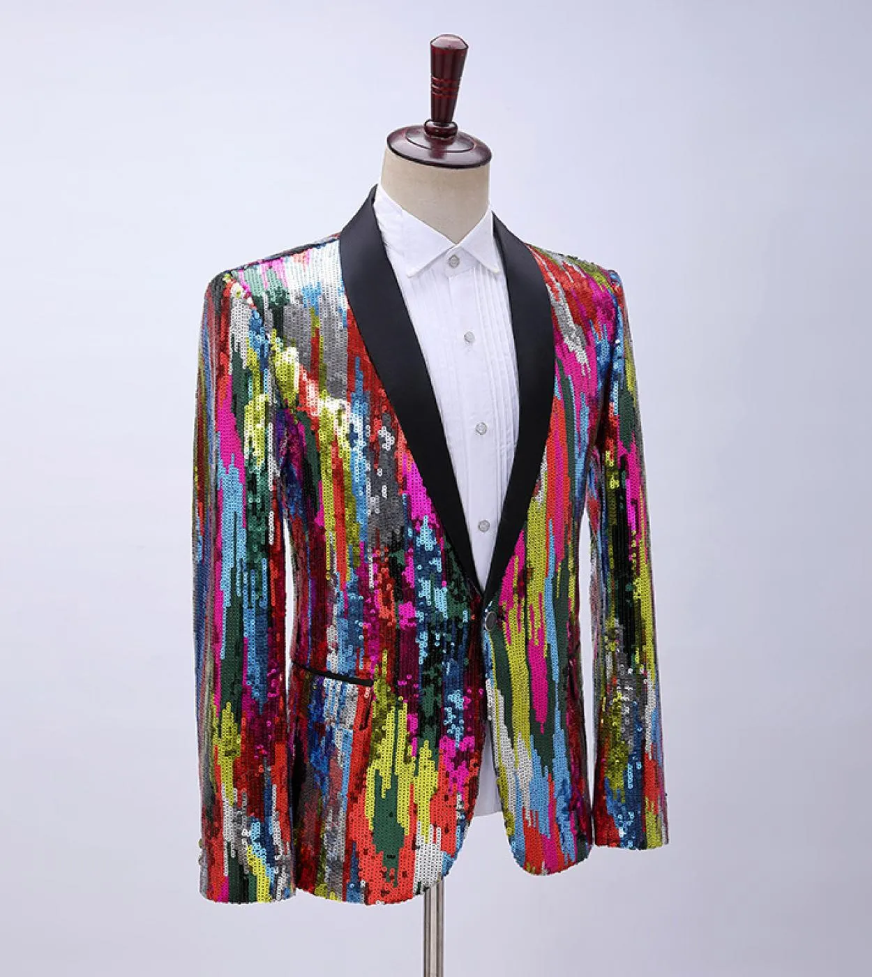 Plyesxale Blazer con paillettes verticali colorate Moda uomo Collo a scialle Costume da cantante di scena Blazer lucido Giacca d