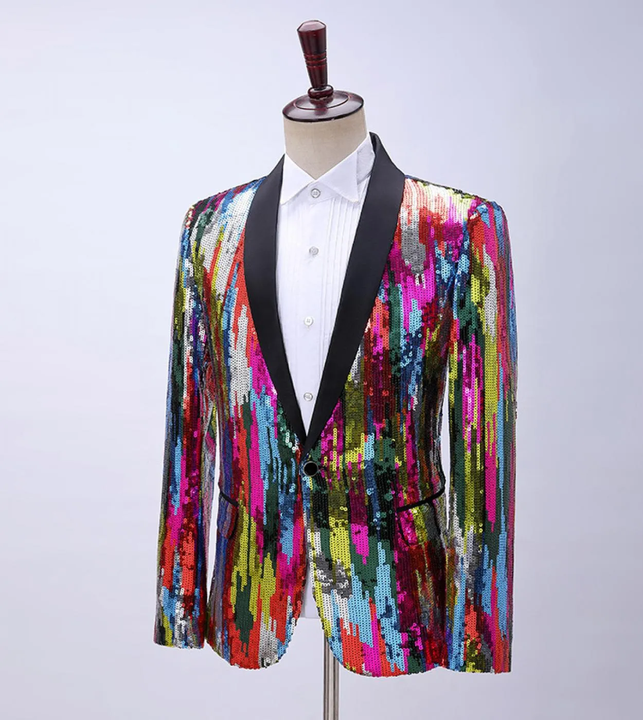 Plyesxale Blazer con paillettes verticali colorate Moda uomo Collo a scialle Costume da cantante di scena Blazer lucido Giacca d