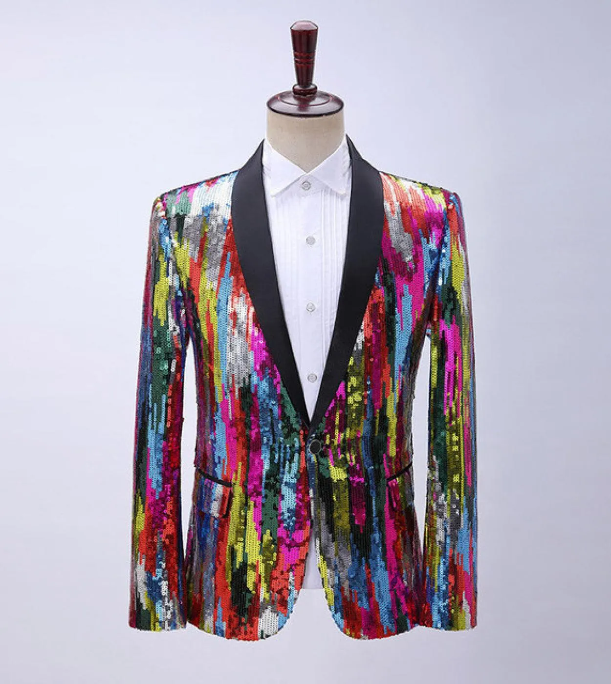 Plyesxale Blazer con paillettes verticali colorate Moda uomo Collo a scialle Costume da cantante di scena Blazer lucido Giacca d